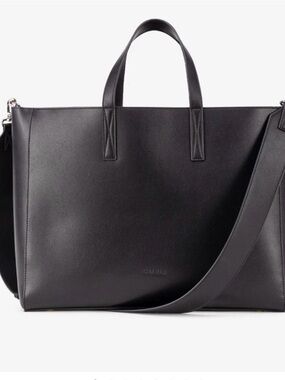 Calpak Black Leather Laptop Tote with Detachable Shoulder Strap